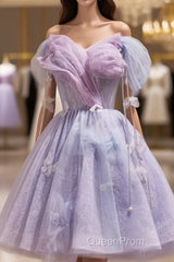 Lightpurple Tulle Off Shoulder Short Evening Prom Dresses, Cute A-Line Off Shoulder Homecoming Dresses