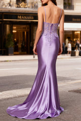 Lilac Floral Mermaid Corset Long Evening Prom Dresses with Slit