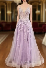 Lilac Evening Prom Dresses, A-line V Neck Spaghetti Straps Long/Floor-Length Tulle Evening Prom Dresses With Appliqued Sequins