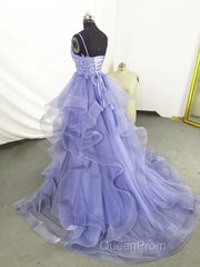 Lilac Tull Lace Applique Ball Gown Straps Long Evening Prom Dresses Elegant Evening Dresses
