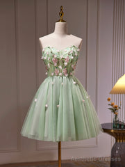 Green Tulle Beaded Party Dress, Green Short Prom Dress with Flowers