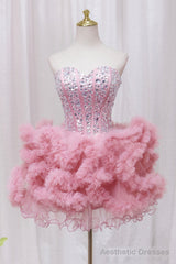 Pink Sweetheart Neckline Tulle Short Prom Dress with Rhinestones, Cute Party Dress