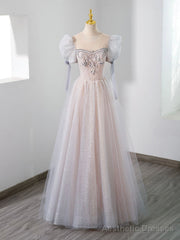 Cute Tulle Beaded Long Prom Dress, A-Line Short Sleeve Evening Dress