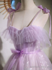 Lovely Spaghetti Strap Tulle Lace Short Prom Dress, Lavender A-Line Party Dress