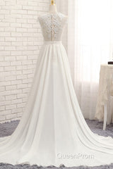 Long A-line Appliques Lace Chiffon Wedding Dresses with Slit