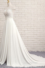 Long A-line Appliques Lace Chiffon Wedding Dresses with Slit