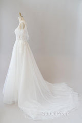 Long A-line Appliques Lace Tulle Wedding Dresses with Sleeves