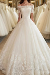 Long A-line Off Shoulder Court Train Lace Tulle Wedding Dresses with Sleeves