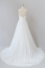 Long A-line Spaghetti Strap Applique Tulle Backless Wedding Dresses
