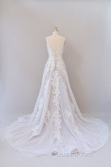 Long A-line Spaghetti Strap Lace Appliques Tulle Backless Wedding Dresses