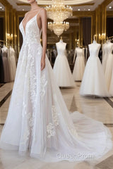 Long A-line Spaghetti Strap Lace Appliques Tulle Backless Wedding Dresses