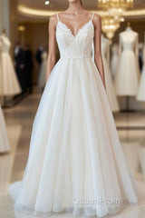 Long A-line Spaghetti Strap Lace Tulle Backless Wedding Dresses