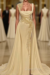 Long A-Line Square Neckline Satin Ivory Evening Prom Dresses With Slit