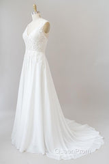 Long A-line Sweetheart Spaghetti Strap Appliques Chiffon Wedding Dresses