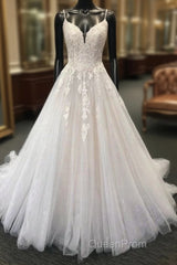 Long A-line Sweetheart Tulle Lace Spaghetti Straps Wedding Dresses