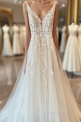 Long A-Line Tulle Appliques Lace Spaghetti Straps V-neck Backless Wedding Dresses