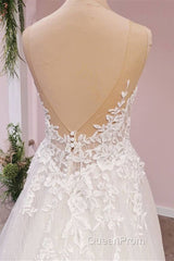 Long A-Line Tulle Backless Appliques Lace Sweetheart Wedding Dresses