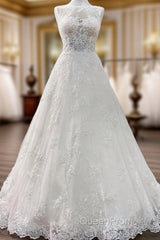 Long A-line Tulle Jewel Lace Appliques Wedding Dresses