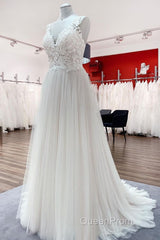 Long A-line Tulle V Neck Open Back Appliques Lace Wedding Dresses