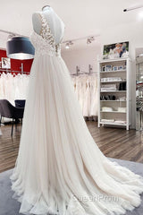 Long A-line Tulle V Neck Open Back Appliques Lace Wedding Dresses