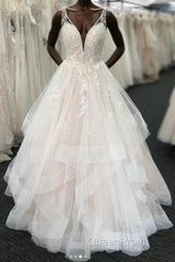 Long A-line Tulle V Neck Open Back Layered Wedding Dresses