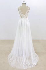 Long A-line V-neck Lace Tulle Open Back Wedding Dresses