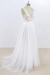 Long A-line V-neck Lace Tulle Open Back Wedding Dresses