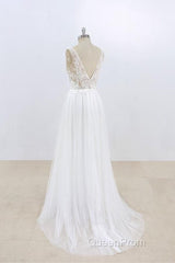 Long A-line V-neck Lace Tulle Open Back Wedding Dresses