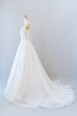 Long A-line V-neck Open Back Appliques Lace Tulle Wedding Dresses