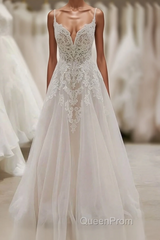 Long A-line V-neck Spaghetti Straps Appliques Tulle Wedding Dresses