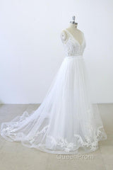 Long A-line V-neck Sweetheart Ruffle Applqiues Tulle Backless Wedding Dresses