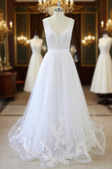 Long A-line V-neck Sweetheart Ruffle Applqiues Tulle Backless Wedding Dresses