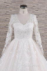 Long A-line V-neck Tulle Appliques Lace Wedding Dresses with Sleeves