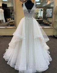 Long A-line V-neck Tulle Lace Wedding Dresses