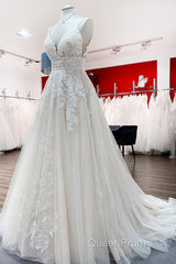 Long A-line V-neck Tulle Sleeveless Appliques Lace Backless Wedding Dresses