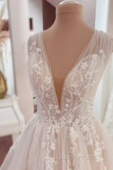Long A-Line V-neck Wide Straps Appliques Lace Tulle Wedding Dresses