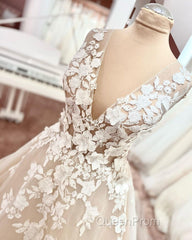 Long A-Line V-neck Wide Straps Backless Appliques Lace Tulle Wedding Dresses