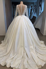 Long Ball Gown Satin V-neck Wedding Dresses with Sleeves