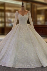 Long Ball Gown V Neck Sequins Wedding Dresses with Sleeves