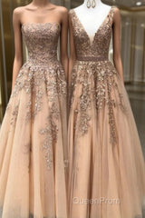 Long Champagne Evening Prom Dresses Sexy V Neck Strapless A Line Appliques Formal Party Dresses