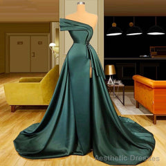 Long Dark Green Satin Prom Dresses Elegant Split Evening Gowns