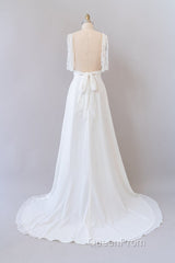 Long Empire A-line V-neck Lace Chiffon Open Back Wedding Dresses