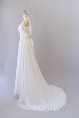 Long Empire A-line V-neck Lace Chiffon Open Back Wedding Dresses
