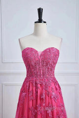 Long Fuchsia Evening Prom Dresses Strapless A-Line Floral Formal Wear Slit