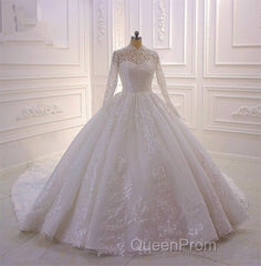 Long High neck Appliques Lace Ball Gown Wedding Dresses with Sleeves