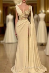 Long Mermaid Asymmetrical Ruffles Beading Satin Evening Prom Dresses With High Slit