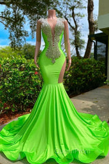 Long Mermaid Deep Sequined V-neck Stretch Satin Backless Evening Prom Dresses with Appliques