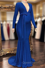 Long Mermaid Deep V-neck Pregnant Formal Evening Dresses with Sleeves