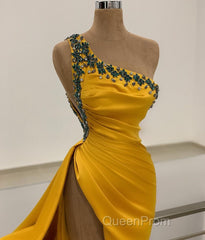 Long Mermaid One Shoulder Beading Backless Evening Prom Dresses with Slit