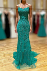 Long Mermaid Strapless Tulle Open Back Lace Formal Evening Prom Dresses
